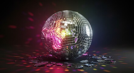 Shattered Mirror Disco Ball Lying on Dark Floor with Scattered Glass Shards and Reflections Concept of Aftermath