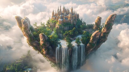 Stunning sky castle above mountains with waterfalls flowing high resolution image
