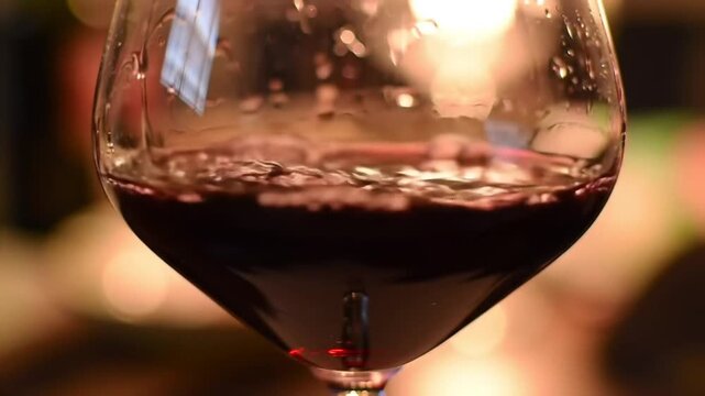 Glass of red wine swirling gently in a dimly lit restaurant, creating a warm and inviting atmosphere for a romantic evening.