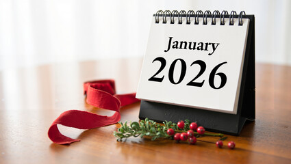 January 2026 Calendar with Festive Red Ribbon and Holly Berries on a Wooden Table, New Year Planning and Holidays, with Copy Space
