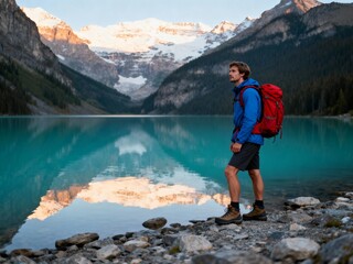 Fototapeta premium Hiker Admiring Serene Alpine Lake with Snow-Capped Mountains