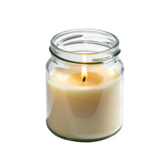 Glowing lit candle in a transparent glass jar features a bright orange flame, illuminating the soft wax and highlighting the clear container against a solid black backdrop, creating a warm and...
