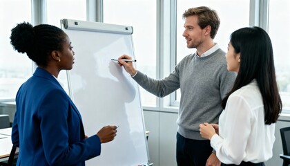 Obraz premium Diverse Business Team Collaborating on Whiteboard in Modern Office