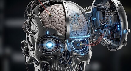 Conceptual artwork of a mechanical skull with a human brain and cybernetic eye