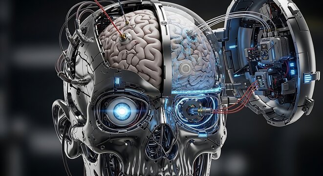 Conceptual artwork of a mechanical skull with a human brain and cybernetic eye