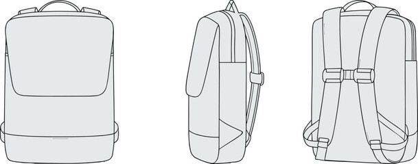 Backpack technical illustration, front side rear view, zipper pocket design, school bag drawing, travel backpack sketch, everyday use accessory template, product concept