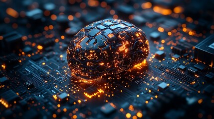 Illuminated digital brain symbol on futuristic circuit board, representing artificial intelligence and technological advancement with glowing orange energy.
