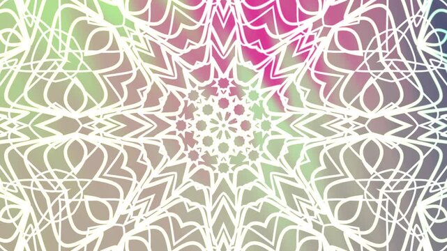 Abstracts Twirls Kaleidoscope A, Abstract white lines and vibrant colors form a mesmerizing symmetrical kaleidoscope pattern,  Stock royalty free video.