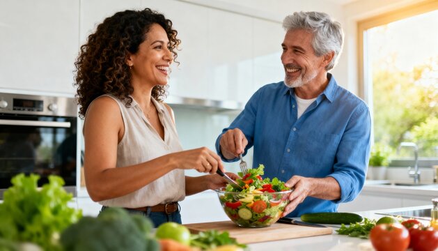 Happy Diverse Couple Preparing Fresh Salad in Modern Kitchen