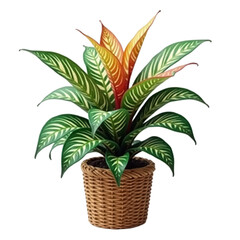 Lush, vibrant plant featuring variegated green leaves and colorful orange tips, presented in a woven brown basket against a solid black backdrop, depicting a -style,  shot with detailed textures.