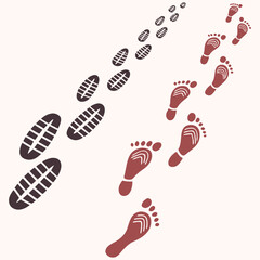 Footprint vector illustration with shoe sole trail and barefoot path in brown and red. Creative walking steps graphic for travel, outdoor, and direction concepts. Perfect for posters, maps, and templa