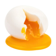 Partially opened egg with yolk oozing onto a surface, showcasing a contrasting color palette of bright white and vibrant orange against a deep black background, demonstrating food and culinary themes.