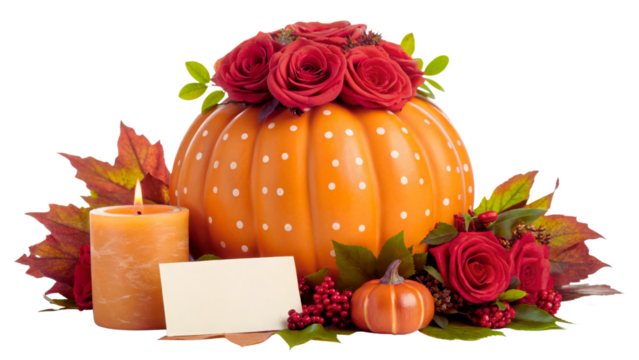 Vibrant autumn centerpiece with pumpkin roses candle and leaves for festive decor isolated on transparent background