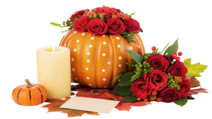 Vibrant autumn centerpiece with pumpkin roses candle and leaves for festive decor isolated on transparent background