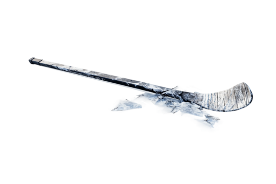 Shattered hockey stick lying in two pieces isolated on transparent background