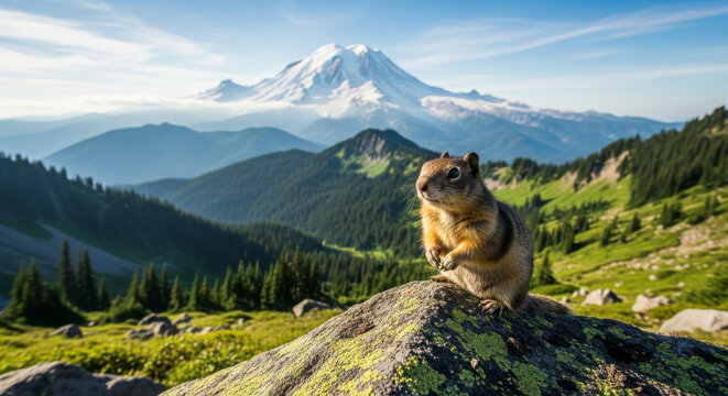 A Ground Squirrel Sits on a Rock with Mount Rainier in the Background