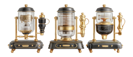 Vintage Steampunk Coffee Makers with Glass and Brass Detailing on Transparent Background