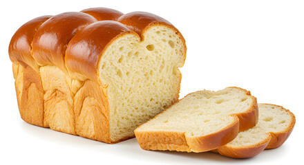 Freshly baked French brioche loaf, golden and glossy, sliced to show airy texture, isolated on white