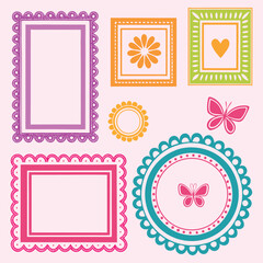 Colorful decorative frames with floral and butterfly motifs in pink, green, orange, and teal. Fun geometric borders for creative projects. Perfect vector for invitations, cards, and scrapbooking.