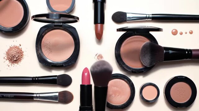 Cosmetics products assortment with blushers, lipstick, and brushes
