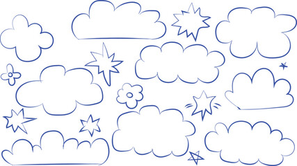 Whimsical hand-drawn clouds and stars, perfect for creative designs, adding a playful touch to any project, ideal for kids' themes