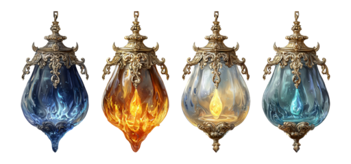 Colorful Decorative Lanterns in Various Styles with Flames and Intricate Designs