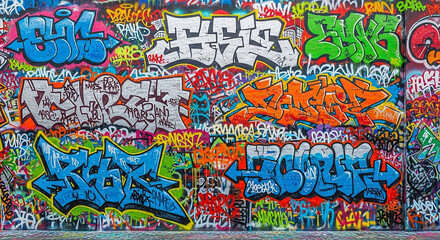 Obraz premium Vibrant and colorful graffiti art covering a textured brick wall