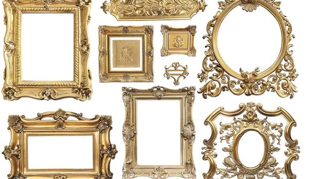 Collection of decorative gold frames on a white background, suitable for use in home decor, design, or advertising