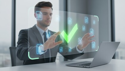 Futuristic Approval: A modern professional engages with a holographic interface, interacting with digital documents and symbolizing a green checkmark of approval.