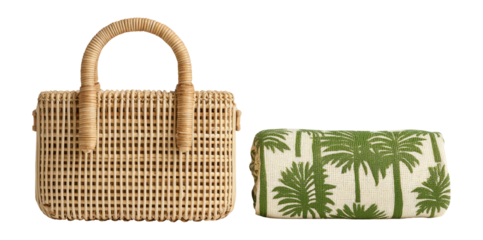 Classic Woven Handbag and Tropical Patterned Clutch on Transparent Background