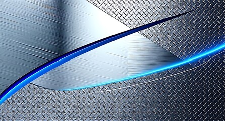 High-tech brushed steel and diamond plate with glowing blue neon curve, combining industrial strength and futuristic energy, great for technology banners, gaming, or sci-fi product design.
