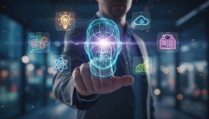 Embracing Innovation: A modern businessperson, poised with a decisive touch, interacts with a mesmerizing array of interconnected digital icons, symbolizing innovation.