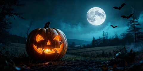 Fototapeta premium Glowing Jack O Lantern in Grassy Field Under Moonlight and Bats Halloween Night Scene