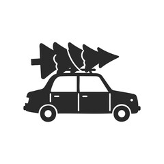 Silhouette of car with christmas tree on roof - holiday transportation illustration