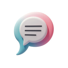 Abstract 3D rendering features a white speech bubble with three lines, layered over a pastel pink and blue shape, conveying themes of communication and dialogue, set against a stark black background.