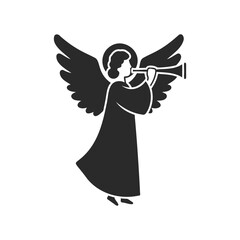 Silhouette of angel playing trumpet with wings and halo in black and white