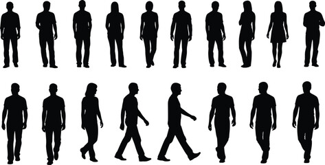 Collection of male and female human silhouettes in standing and walking poses — black vector outlines ideal for crowd, urban, business, diversity, or people-based design projects with SEO keywords.