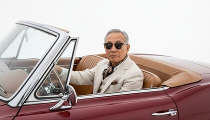 Elderly man driving a vintage car
