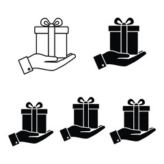 Hand holding gift box icon set celebration present giving surprise festive occasion celebration silhouette