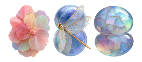 Colorful Floral Design and Translucent Orb Illustration on Transparent Background