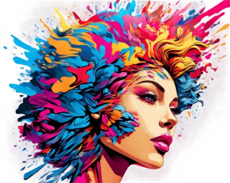 Vibrant portrait of a woman with colorful hair and a creative splash of paint in an abstract art style