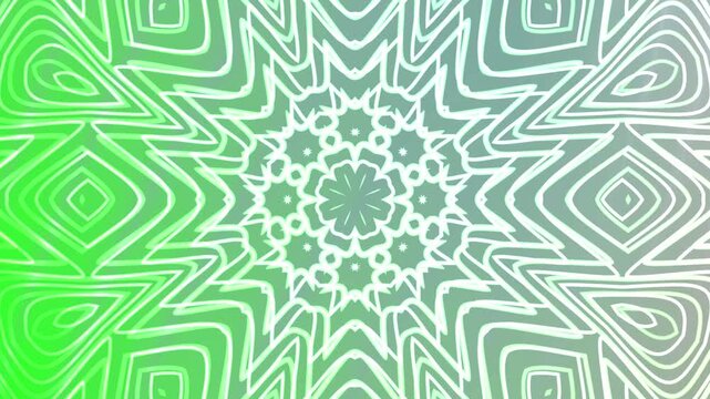 Abstracts Twirls Kaleidoscope A, Mesmerizing green and white kaleidoscopic animation with abstract floral patterns and designs,  Stock royalty free video.