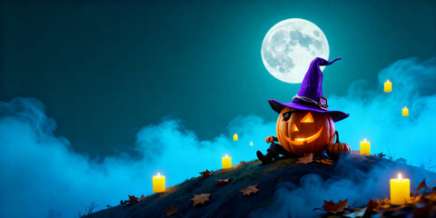 Halloween Pumpkin with Witch Hat on Hill Under Moonlight surrounded by Candles on Blue Background