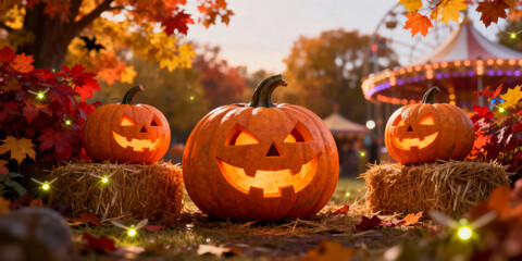 Halloween Pumpkins on Hay Bales in Autumn Scene with Carnival Background, Golden Light and Fallen Leaves