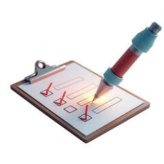 Illustrated composition depicting a clipboard with a checklist, some options are selected with red check marks, while a pen hovers over the paper with a glowing effect, all set against a dark, empty
