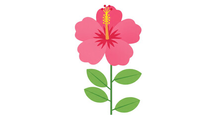Naklejka premium Vibrant pink tropical hibiscus flower with green leaves and stem in a simple flat design vector illustration on a clean white background.