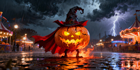 Pixelated Halloween Pumpkin Character at Night Carnival During Thunderstorm