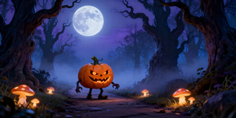 Pixelated Halloween Pumpkin Character with Glowing Mushrooms on Forest Path Under Full Moon