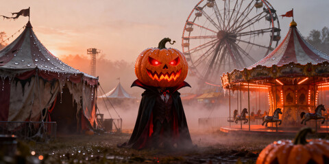 Pixelated Halloween Pumpkin Figure in Spooky Carnival with Ferris Wheel and Carousel at Dusk
