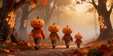 Pixelated Halloween Pumpkin Head Characters Walking Through Autumn Forest with Fallen Leaves Orange Sweaters and Woodland Setting